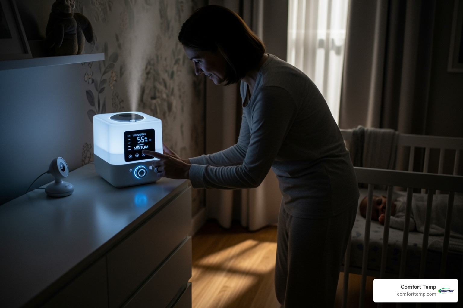 Parent checking humidifier settings in nursery at night - air purifier vs humidifier for baby Parent checking humidifier settings in nursery at night - air purifier vs humidifier for baby