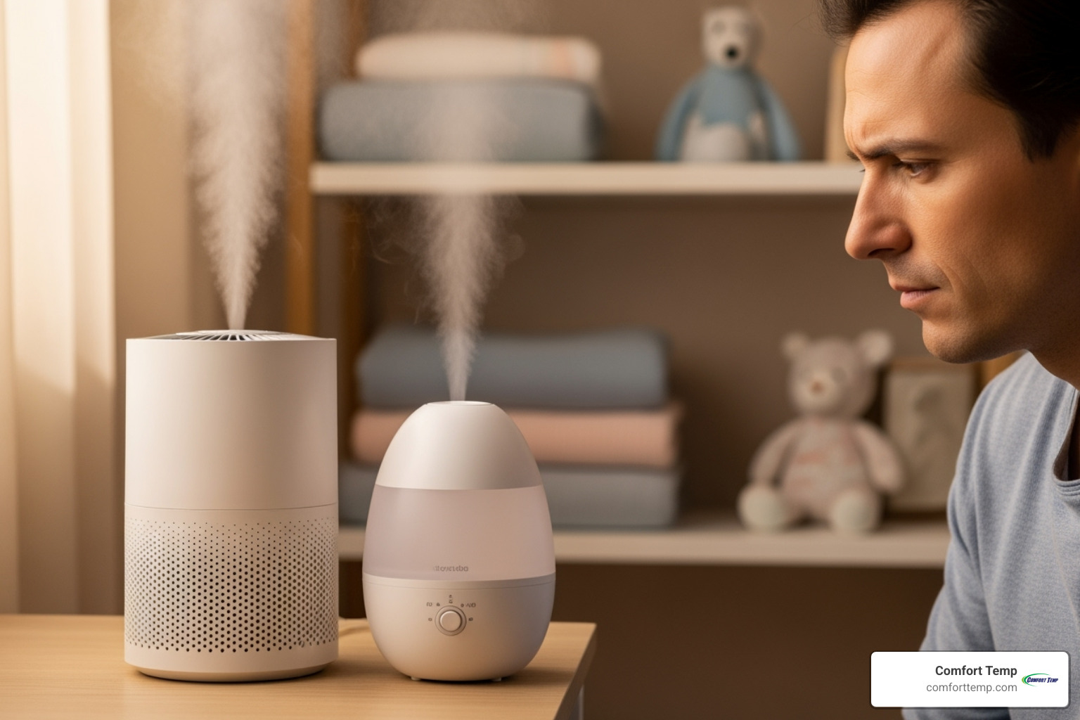 Parent looking thoughtfully at an air purifier and a humidifier on a shelf - air purifier vs humidifier for baby Parent looking thoughtfully at an air purifier and a humidifier on a shelf - air purifier vs humidifier for baby
