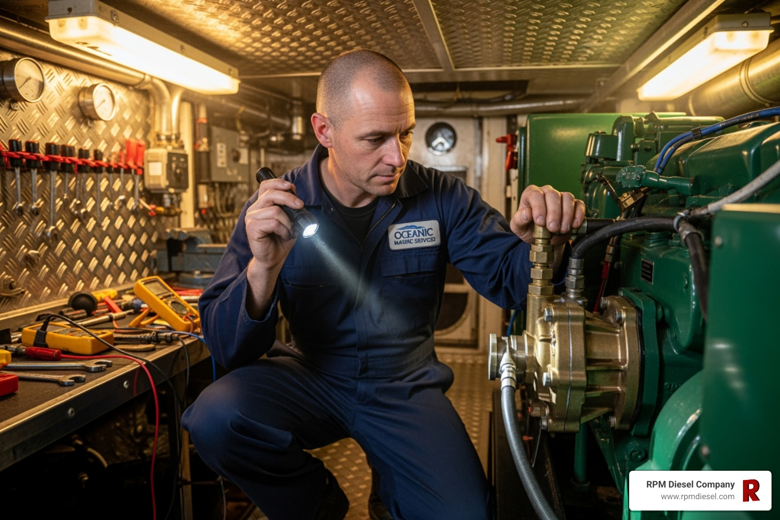 technician inspecting marine generator water pump - northern lights marine generators part 25-12007