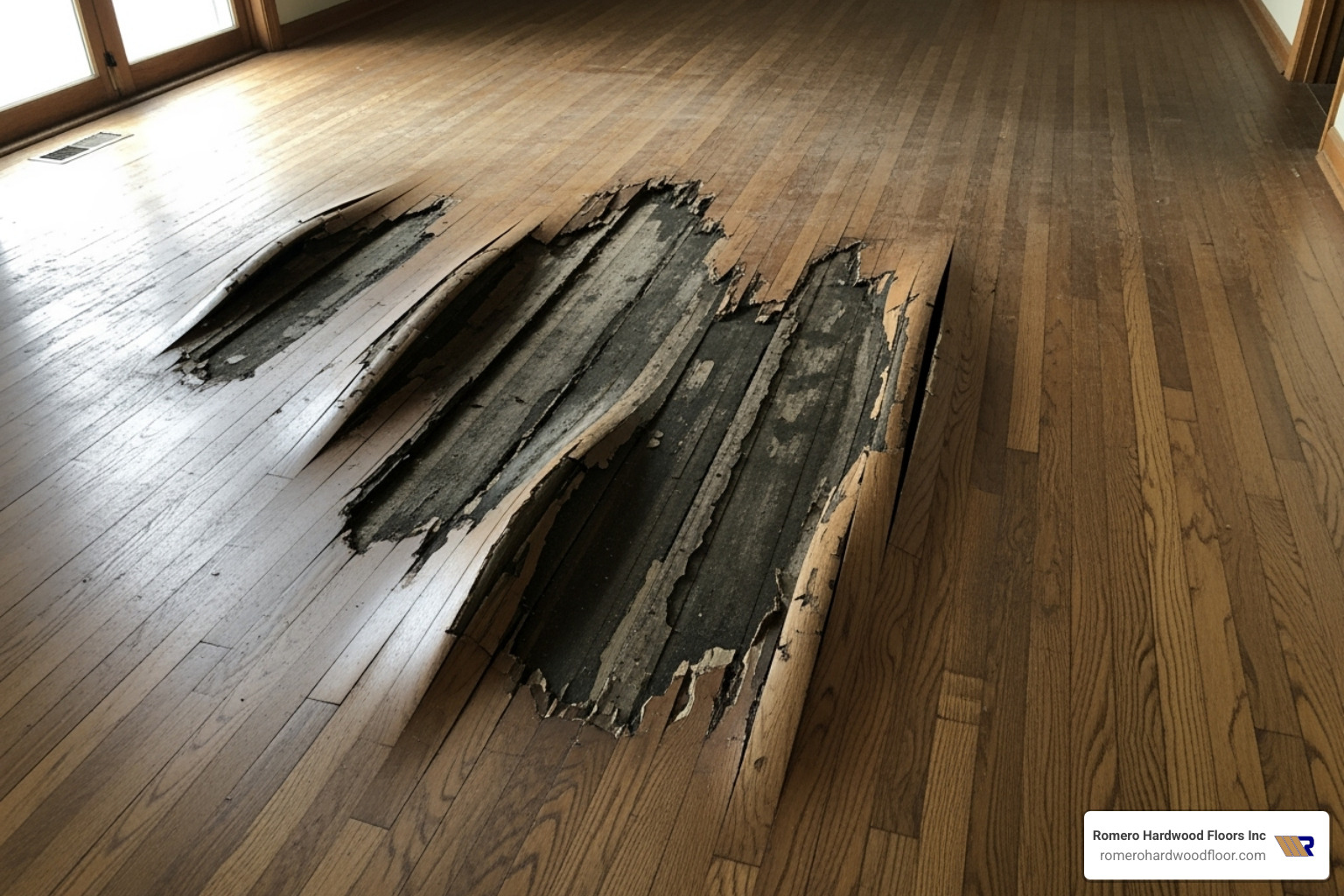 of a warped hardwood floor caused by subfloor moisture issues - sub flooring contractors near me