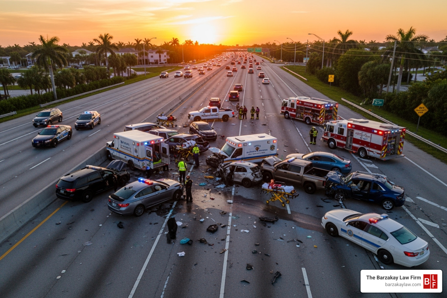 A drone view of a multi-car accident scene on a busy South Florida highway, with emergency vehicles and debris - lawyer uber driver
