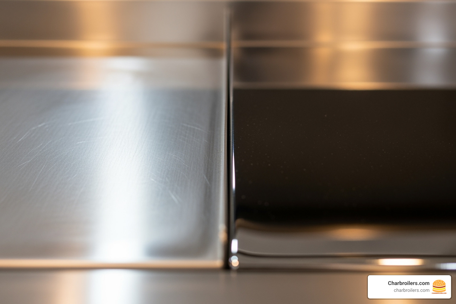 Close-up comparison of different griddle plate surfaces (polished steel vs. chrome) - 60 inch commercial griddle