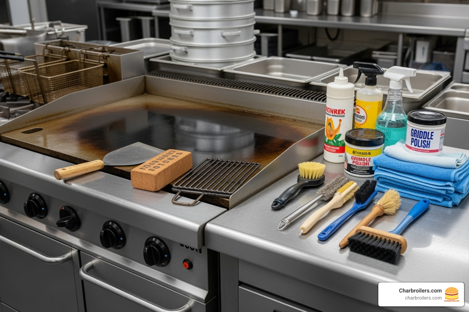 Well-maintained griddle with cleaning tools nearby - 60 inch commercial griddle