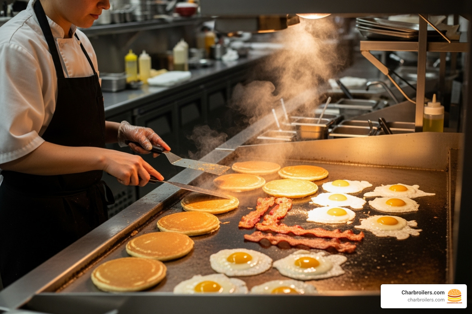 Chef cooking multiple items (pancakes, bacon, eggs) simultaneously on a large griddle - 60 inch commercial griddle