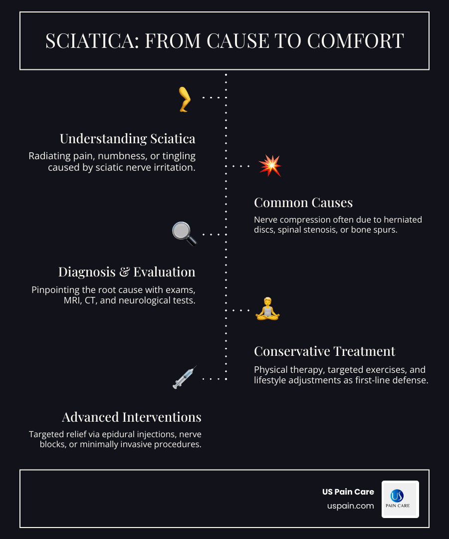 Comprehensive infographic showing the sciatic nerve pathway from lumbar spine through buttocks and down the leg, with common compression points marked including herniated discs, spinal stenosis, and piriformis syndrome, alongside treatment options from conservative care to advanced interventional procedures - sciatica treatment carson city infographic infographic-line-5-steps-dark