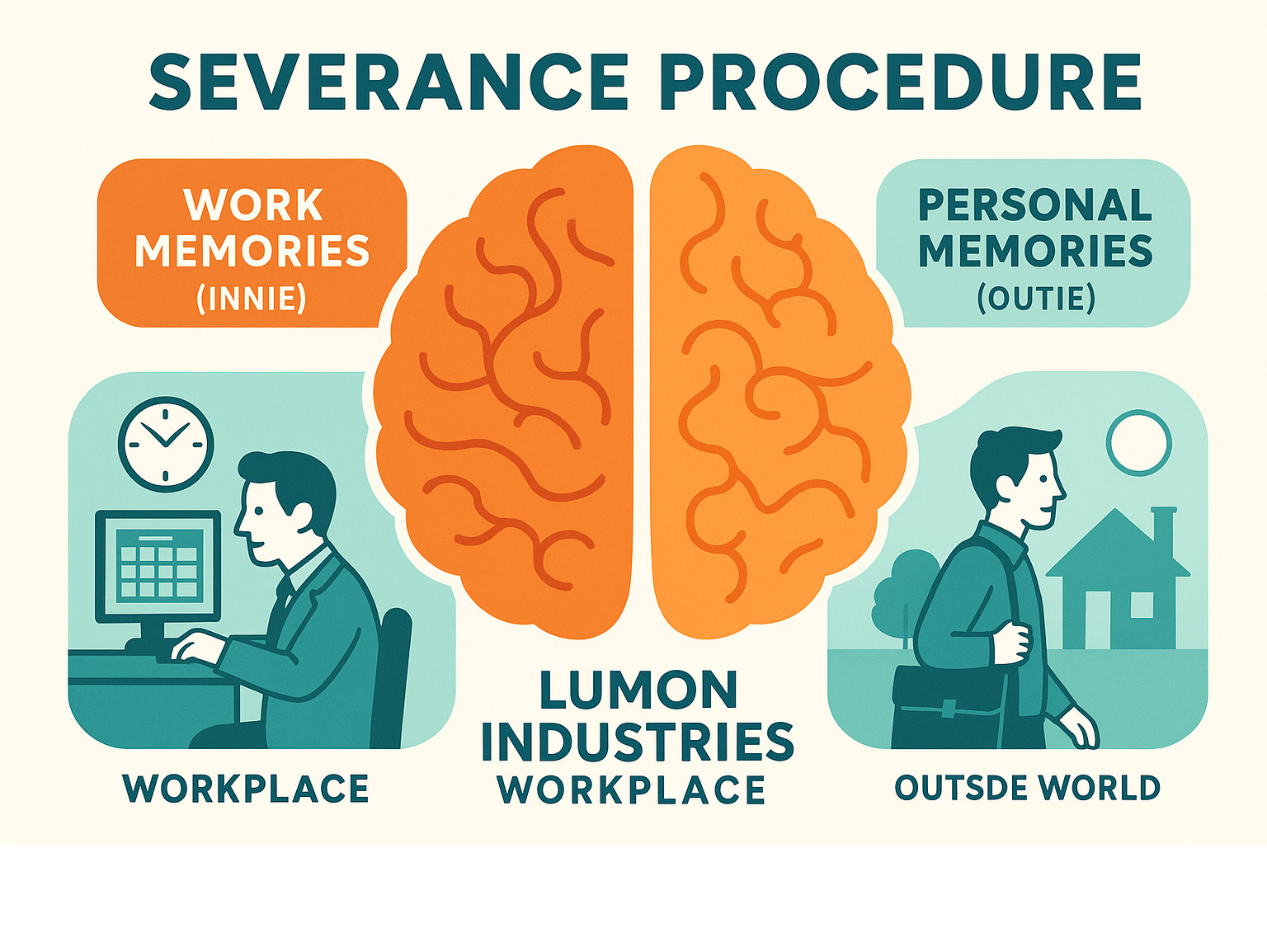 Detailed infographic showing the severance procedure concept with split brain illustration, depicting how work memories (innie) are separated from personal memories (outie), including visual representations of Lumon Industries workplace versus outside world experiences - severance cast infographic 