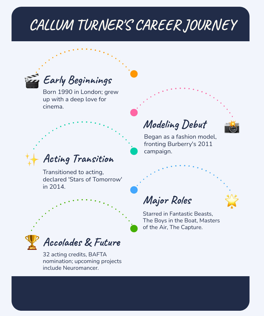 Infographic showing Callum Turner's career progression from 2010 modeling debut through major film and TV roles including Fantastic Beasts franchise, The Capture BAFTA nomination, and upcoming projects like Neuromancer - callum turner movies and tv shows infographic infographic-line-5-steps-blues-accent_colors Infographic showing Callum Turner's career progression from 2010 modeling debut through major film and TV roles including Fantastic Beasts franchise, The Capture BAFTA nomination, and upcoming projects like Neuromancer - callum turner movies and tv shows infographic infographic-line-5-steps-blues-accent_colors
