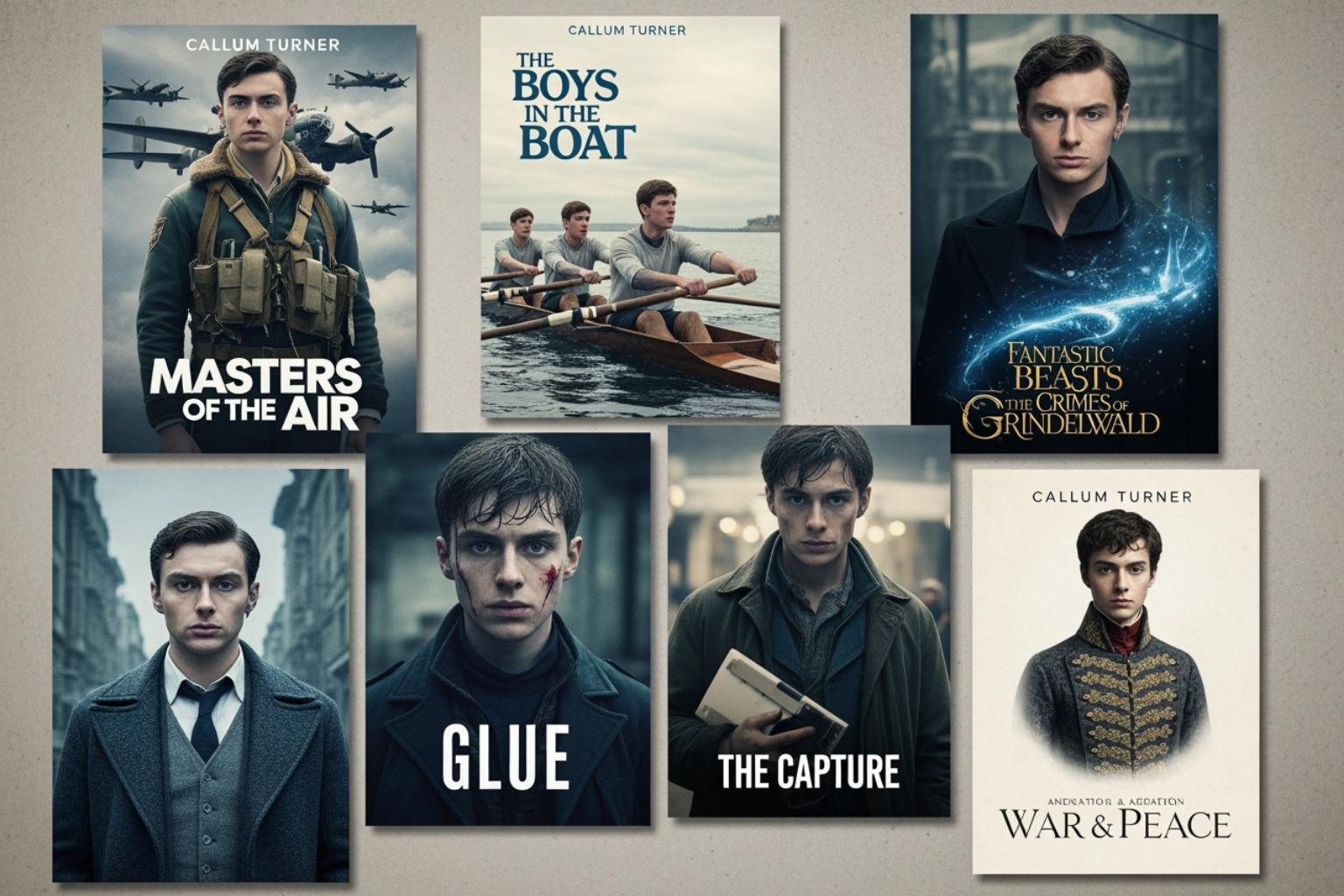 Collage of posters from Callum Turner's most famous roles - callum turner movies and tv shows Collage of posters from Callum Turner's most famous roles - callum turner movies and tv shows