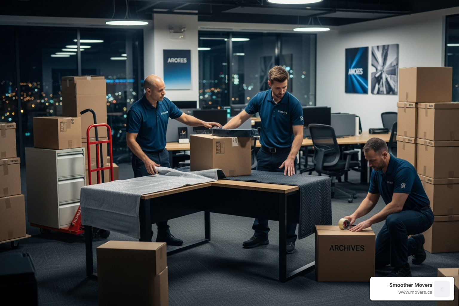 movers working efficiently in an office after hours - commercial movers kelowna