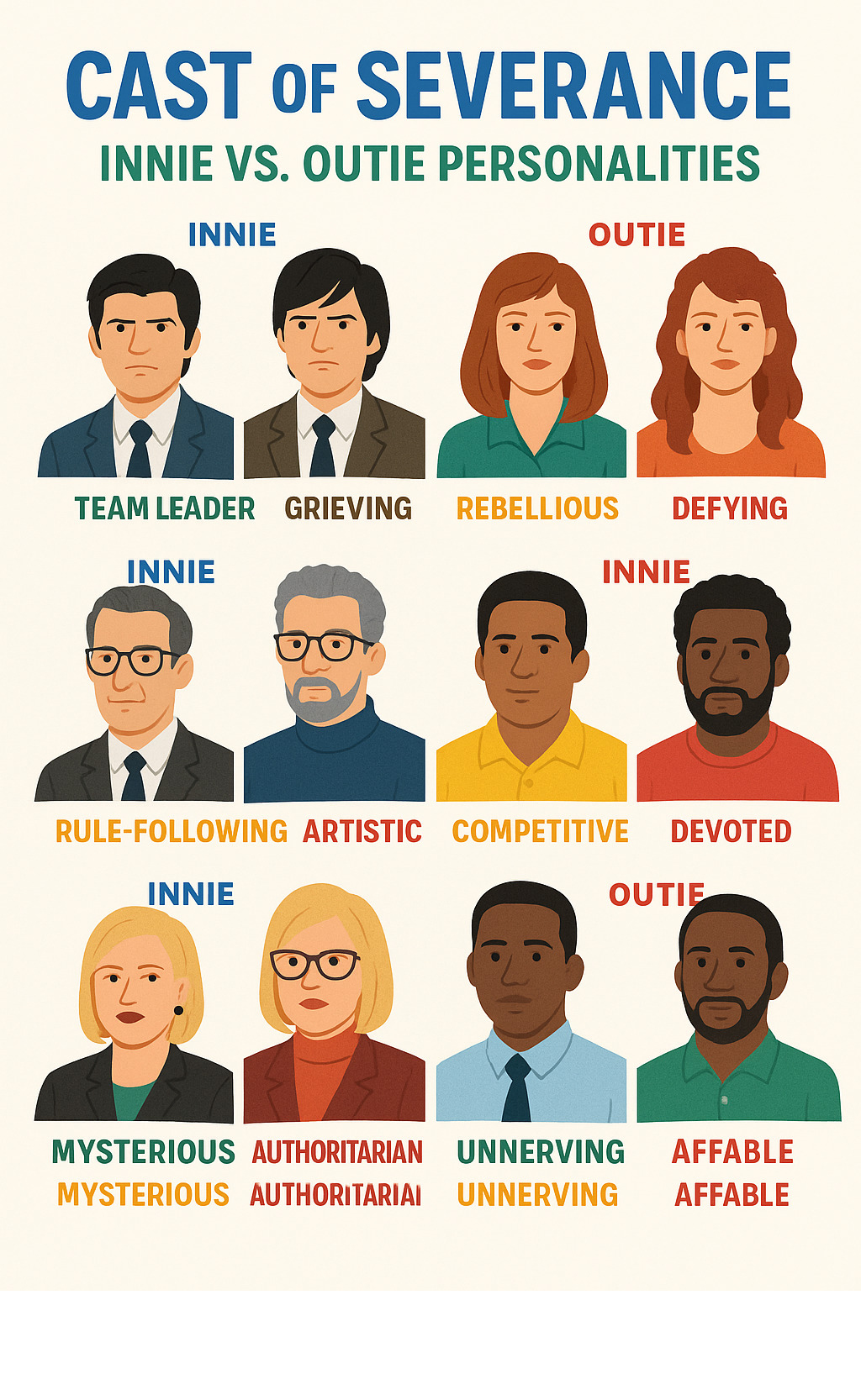 Infographic showing the main cast members of Severance with their character names, their innie vs outie personalities, and key traits for each character in the Lumon Industries workplace -  cast of severance infographic 