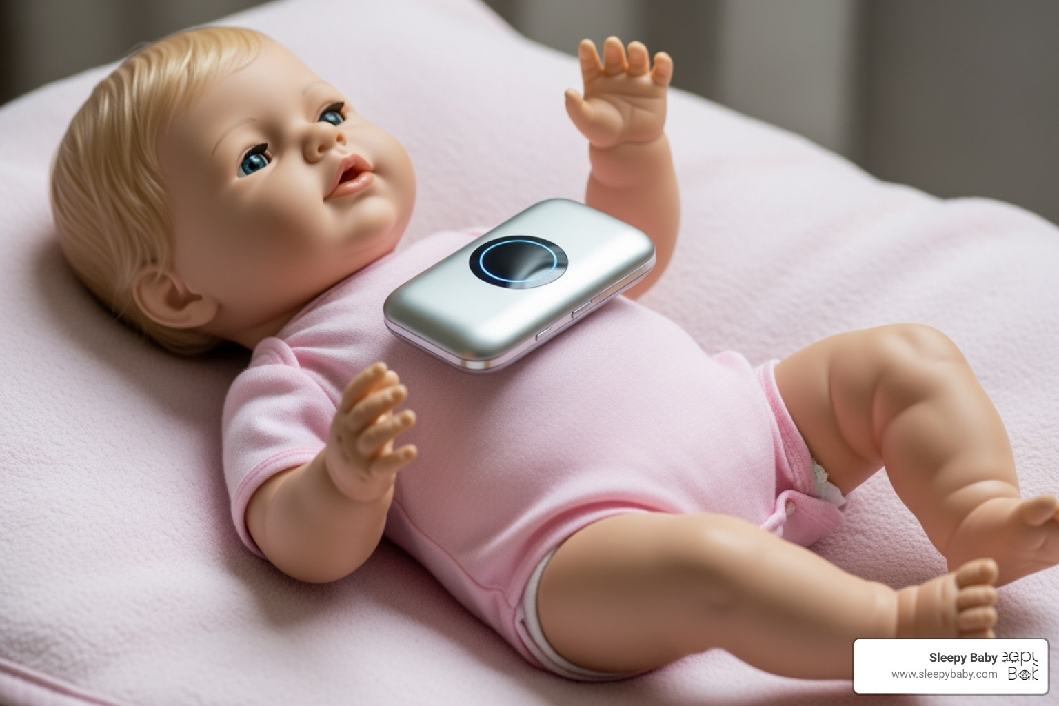 Sleepy Baby device gently resting on a baby doll's chest - baby sound machine