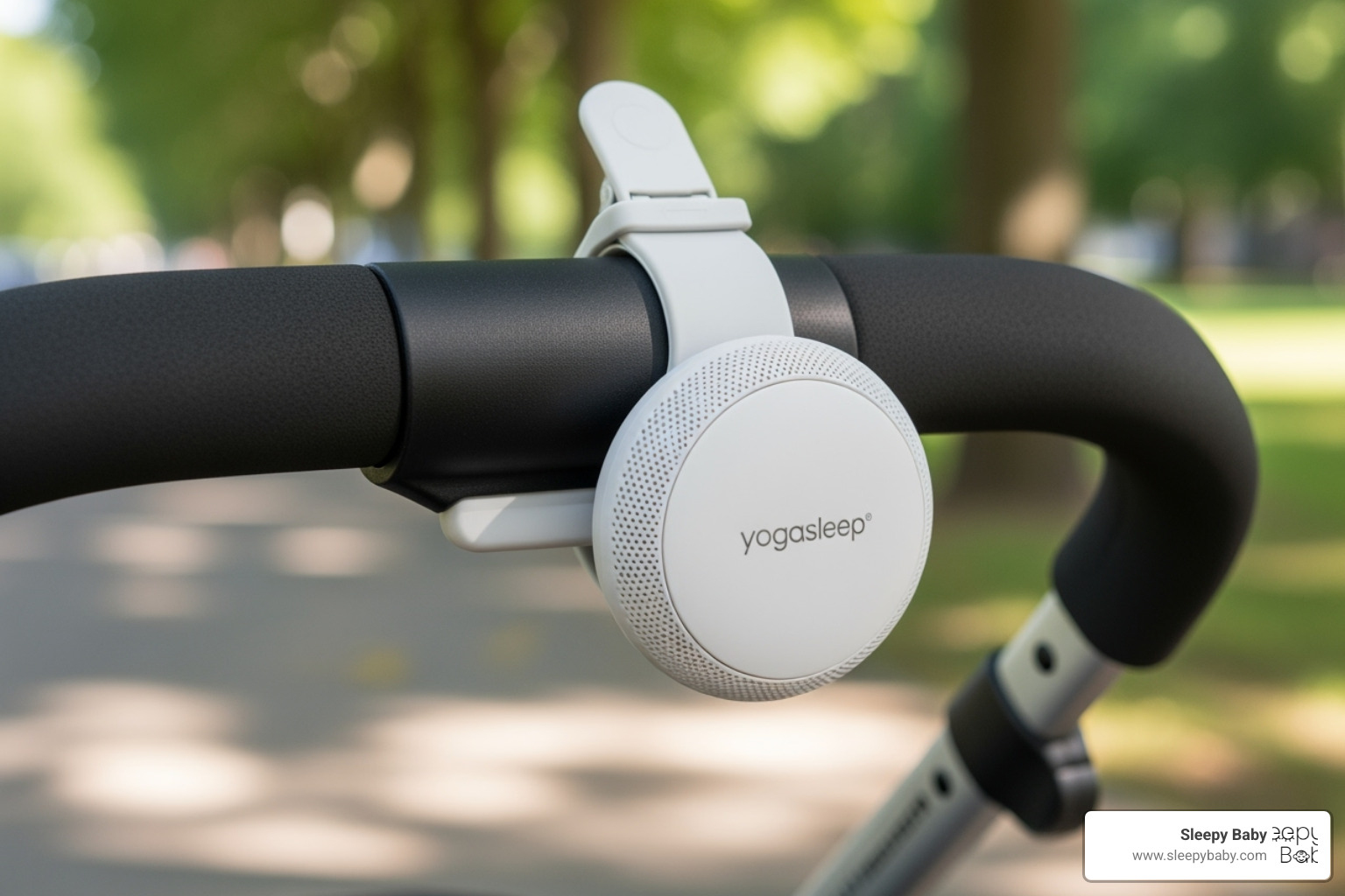 Yogasleep Hushh clipped to a stroller handle - baby sound machine
