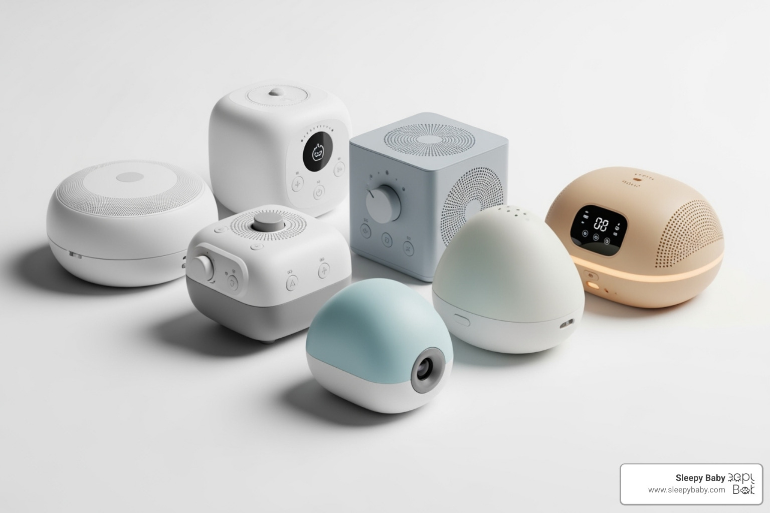 top 4 reviewed sound machines arranged together - baby sound machine