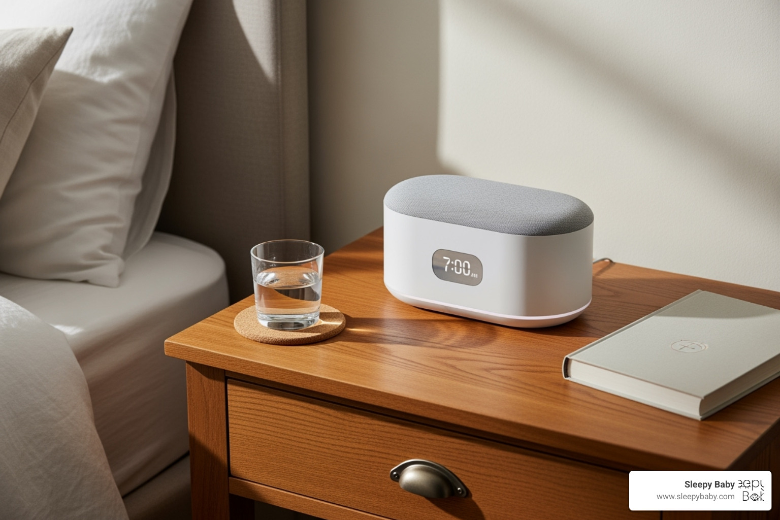 Hatch Rest 2nd Gen on a nightstand - baby sound machine