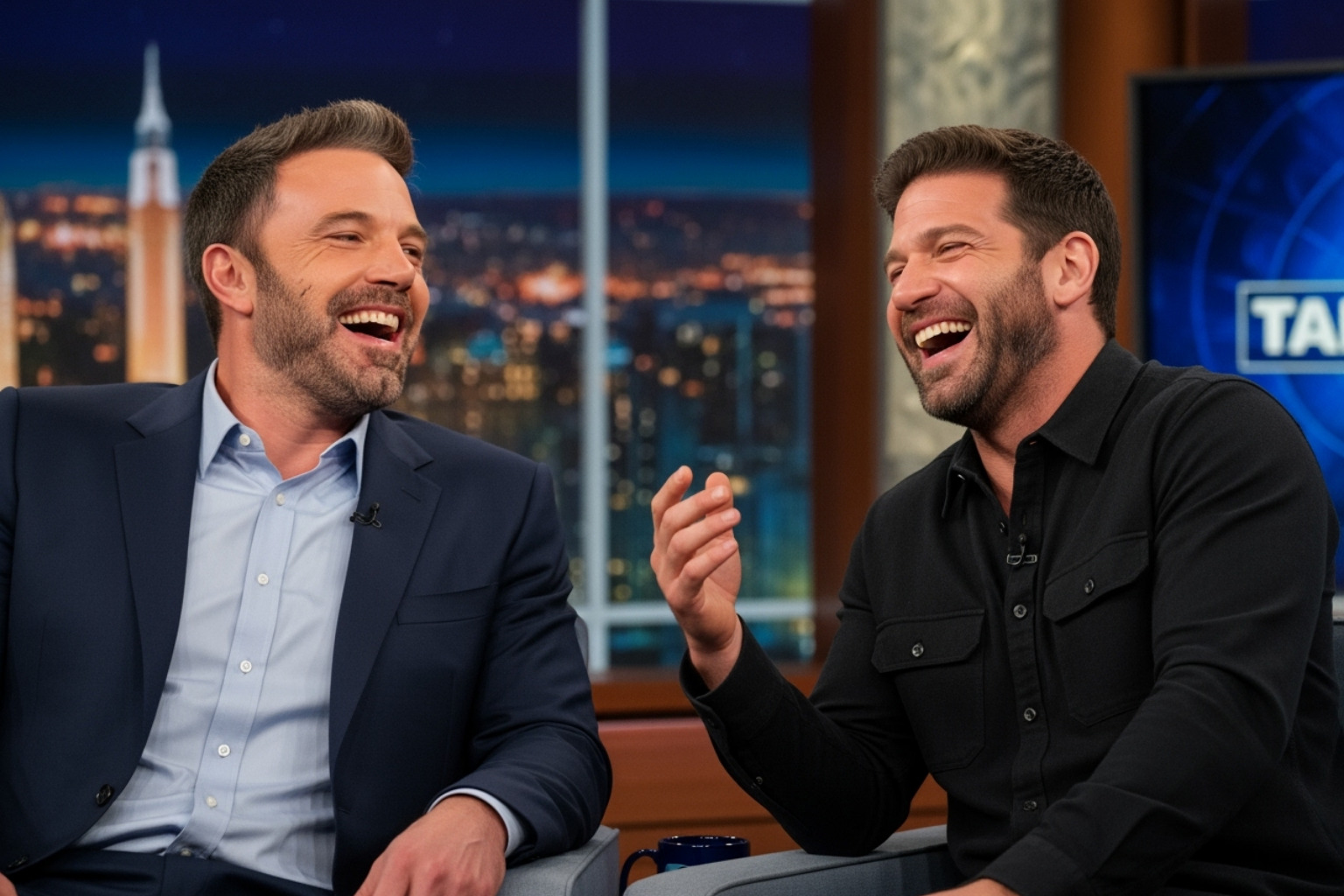 Ben Affleck and Jon Bernthal laughing together during an interview - ben affleck jon bernthal