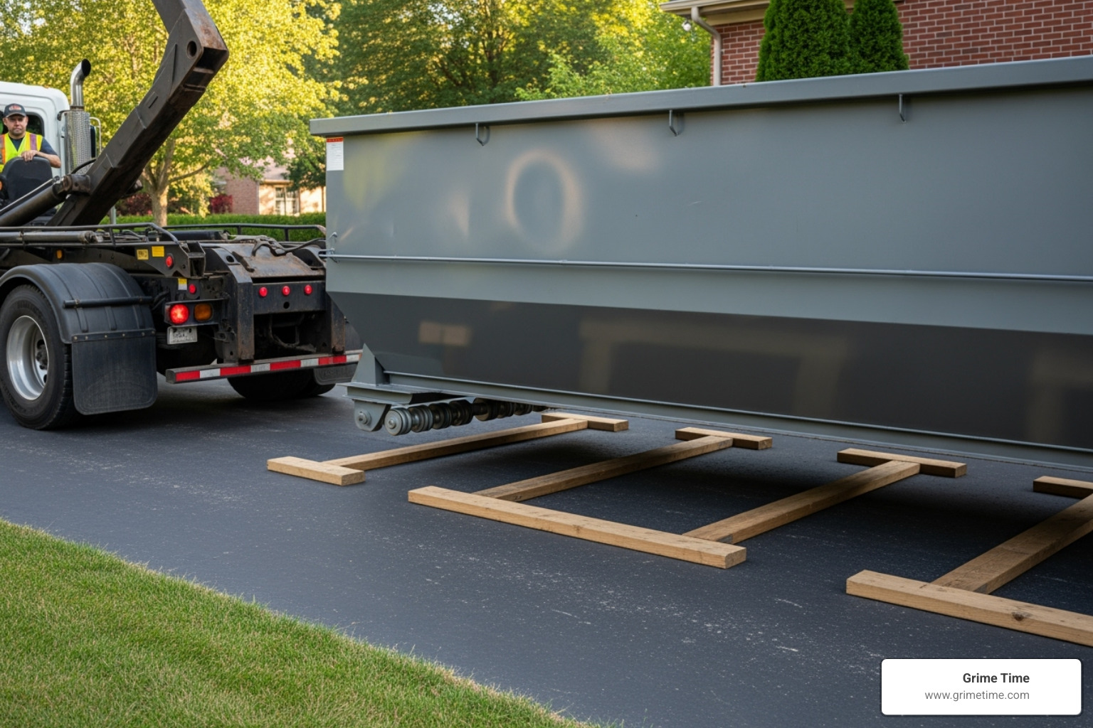 Image of a dumpster being carefully placed on wooden boards to protect a driveway - Top rated dumpster rental