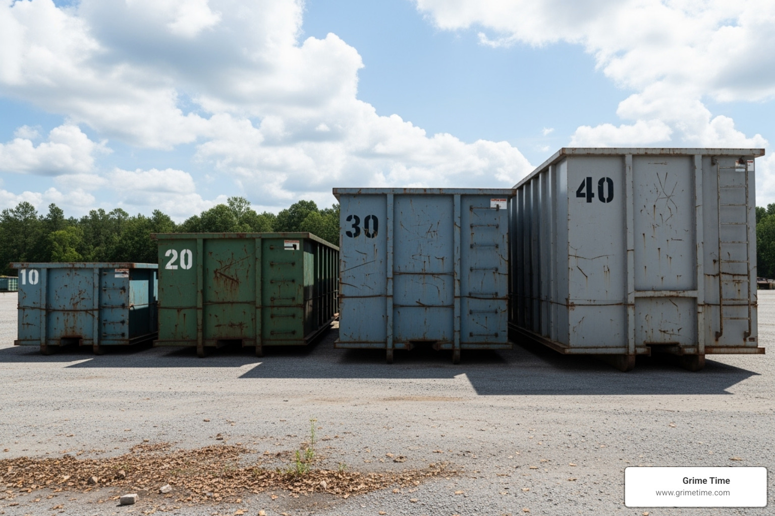 Image of different dumpster sizes (10, 15, 20, 25, and 30 yard) lined up for visual comparison - Top rated dumpster rental