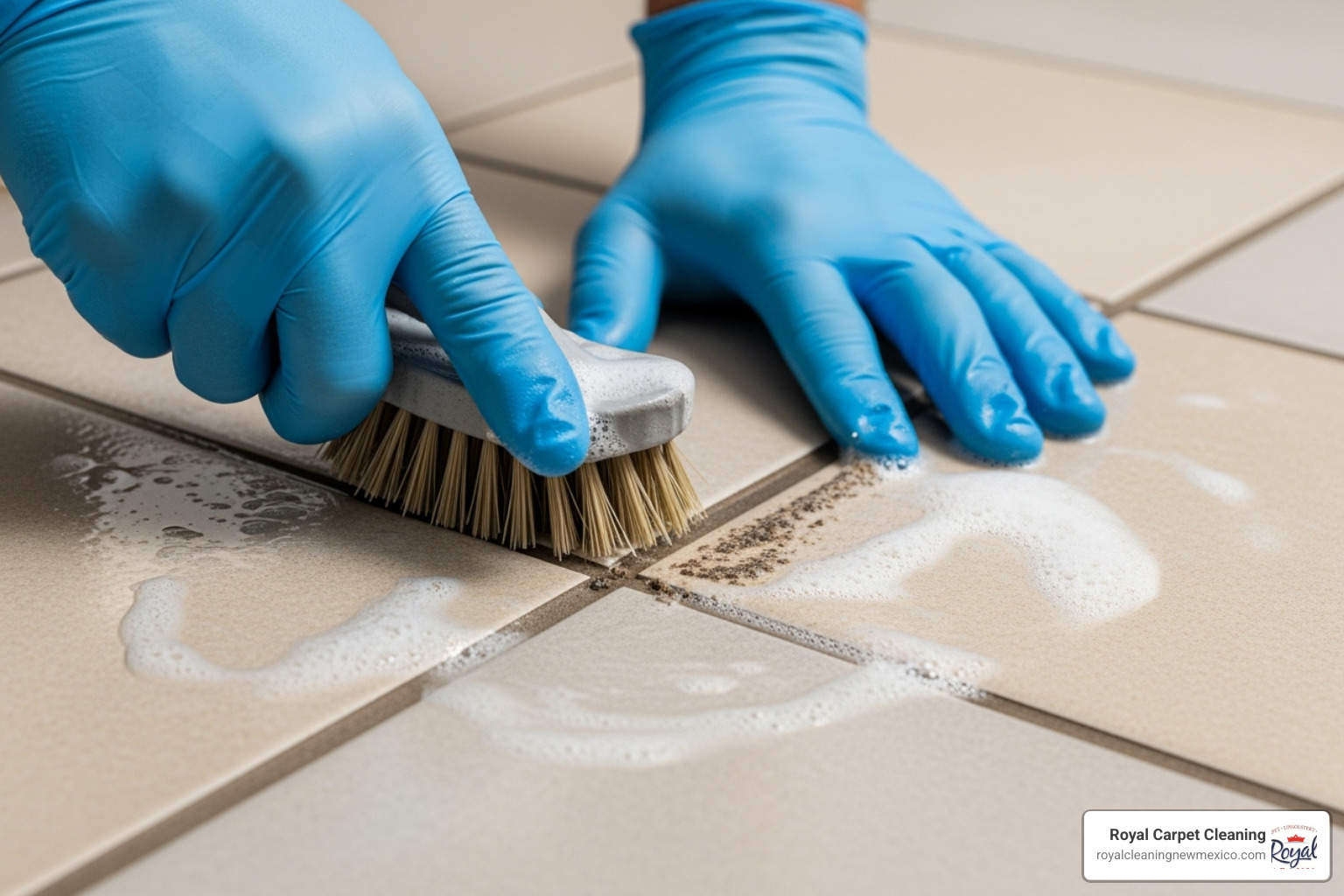 Someone scrubbing grout lines on a tiled floor with a stiff-bristled brush, demonstrating the technique - deep clean tile grout
