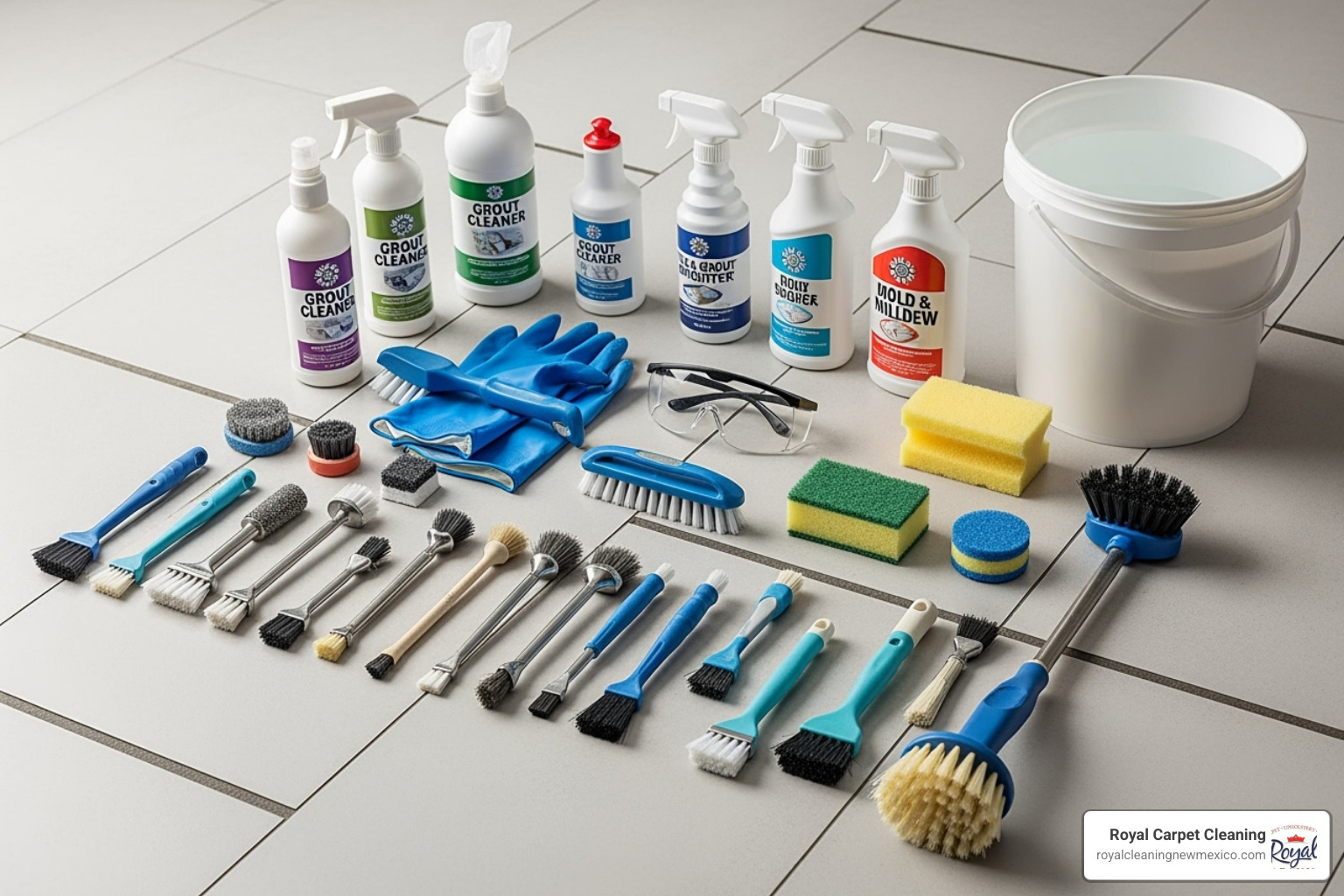 All necessary tools for deep cleaning grout laid out neatly on a tiled floor, including various brushes, gloves, safety glasses, sponges, and cleaning solutions - deep clean tile grout