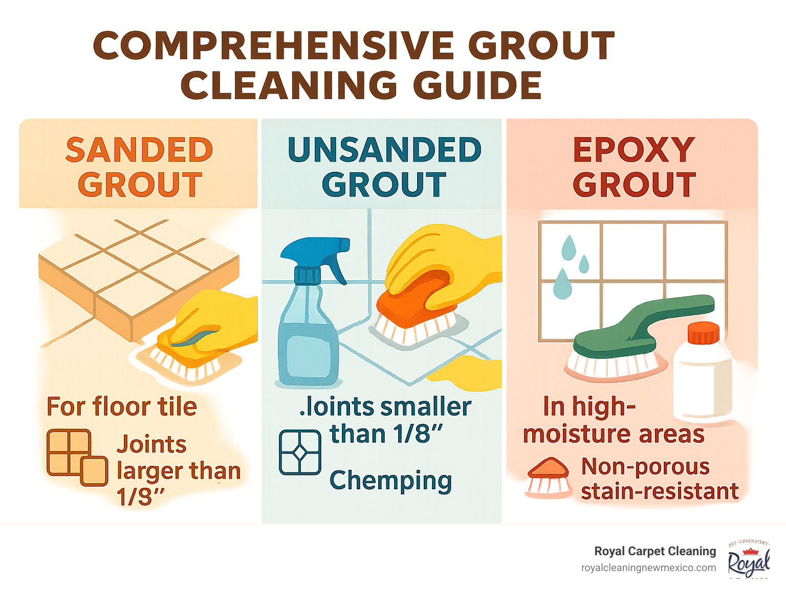 Comprehensive grout cleaning guide showing the 3 main grout types - sanded grout for joints larger than 1/8 inch used in floor tiles, unsanded grout for joints smaller than 1/8 inch used with delicate tiles, and epoxy grout which is non-porous and stain-resistant used in high-moisture areas like showers - along with appropriate cleaning methods and tools for each type - deep clean tile grout infographic 