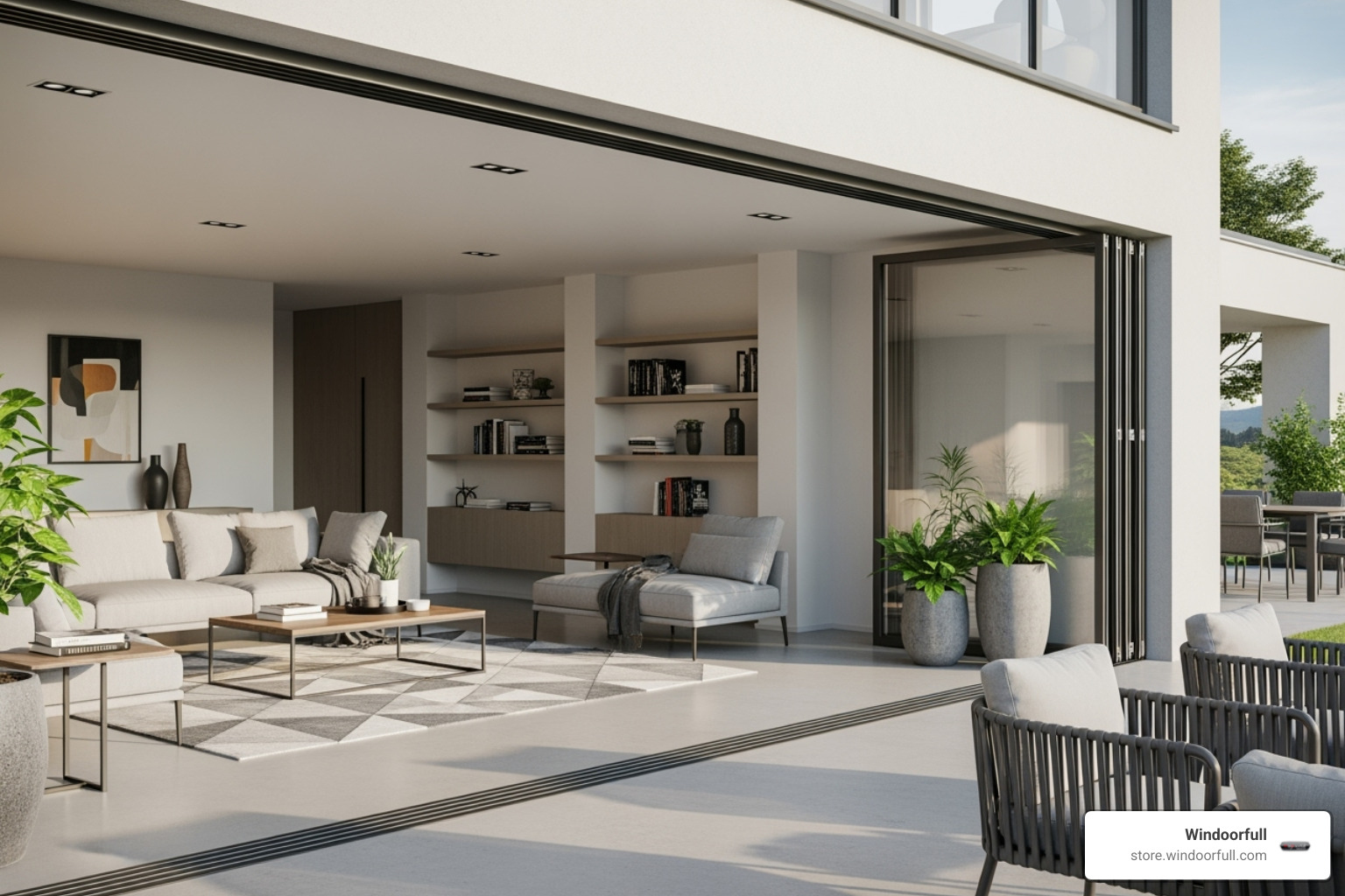 seamless transition from a living room to a patio through a large window wall - Modern home windows