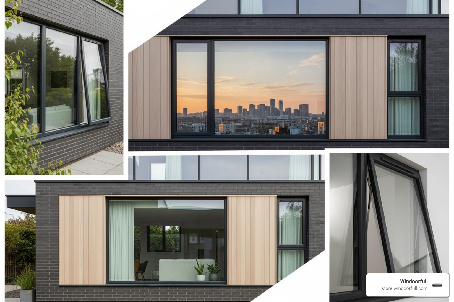 collage of modern window styles like casement, picture, and tilt-and-turn on a house facade - Modern home windows