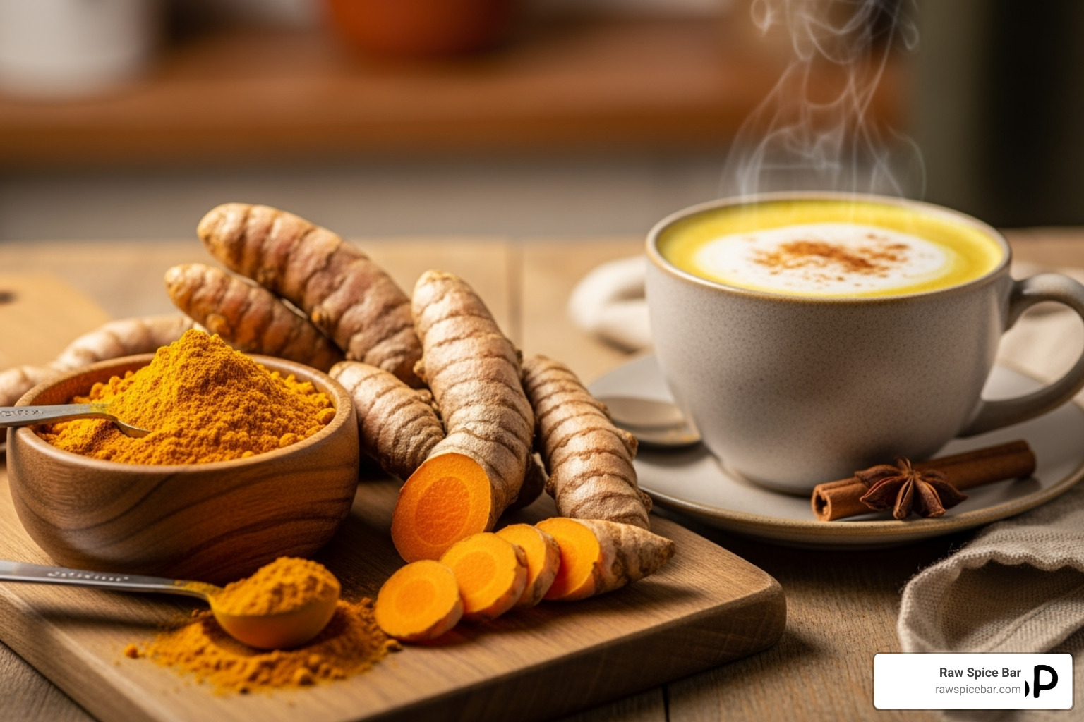fresh turmeric root, ground turmeric, and a golden milk latte - healthy spices for diabetics