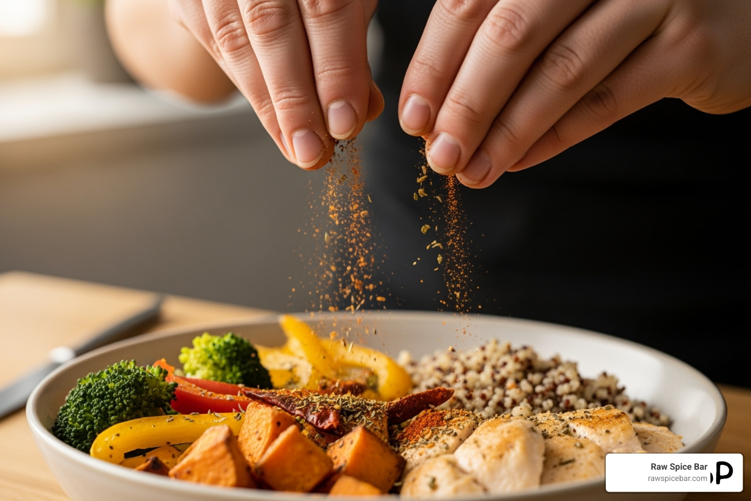 person sprinkling spices onto a healthy meal - healthy spices for diabetics