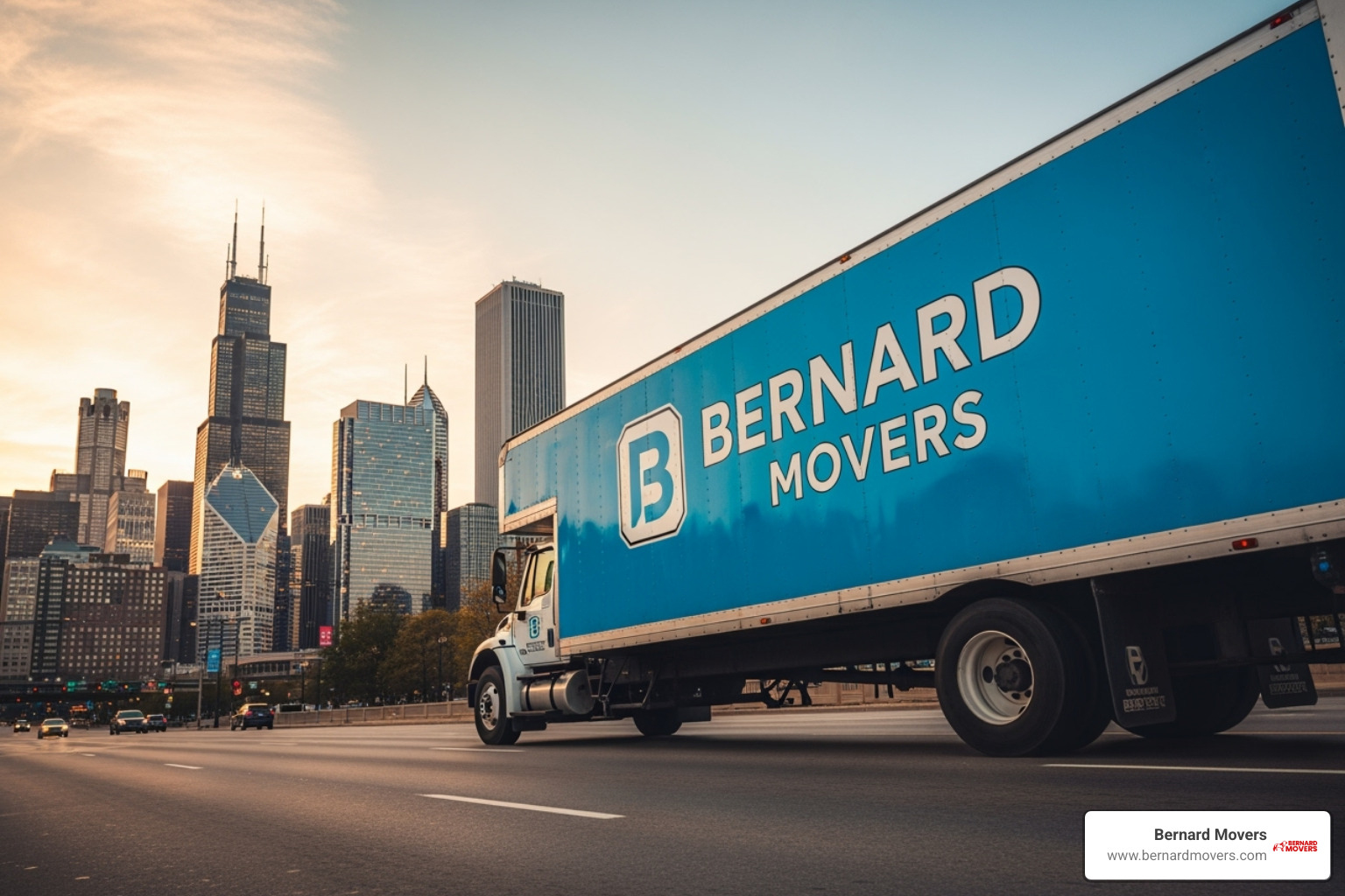 Bernard Movers truck with the Chicago skyline in the background - low cost moving and storage