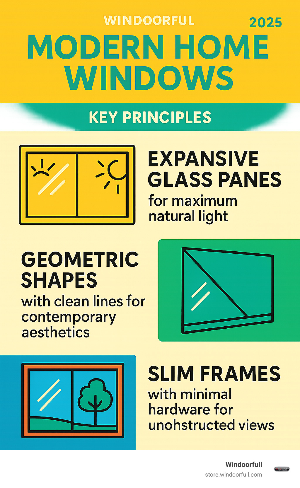 Infographic showing the three pillars of modern window design: expansive glass panes for maximum natural light, geometric shapes with clean lines for contemporary aesthetics, and slim frames with minimal hardware for unobstructed views and seamless integration with modern architecture - Modern home windows infographic 