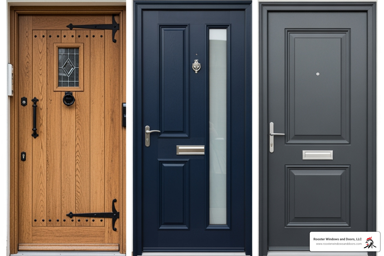 collage showing wood, fiberglass, and steel doors side-by-side - front door replacement