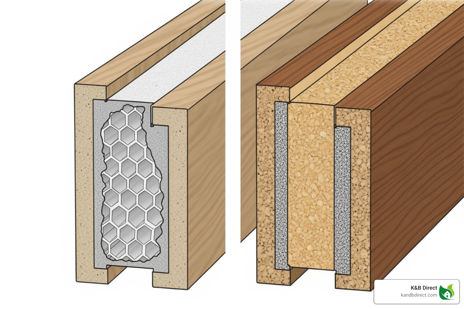 cross-section showing hollow core vs. solid core door construction - interior door prices