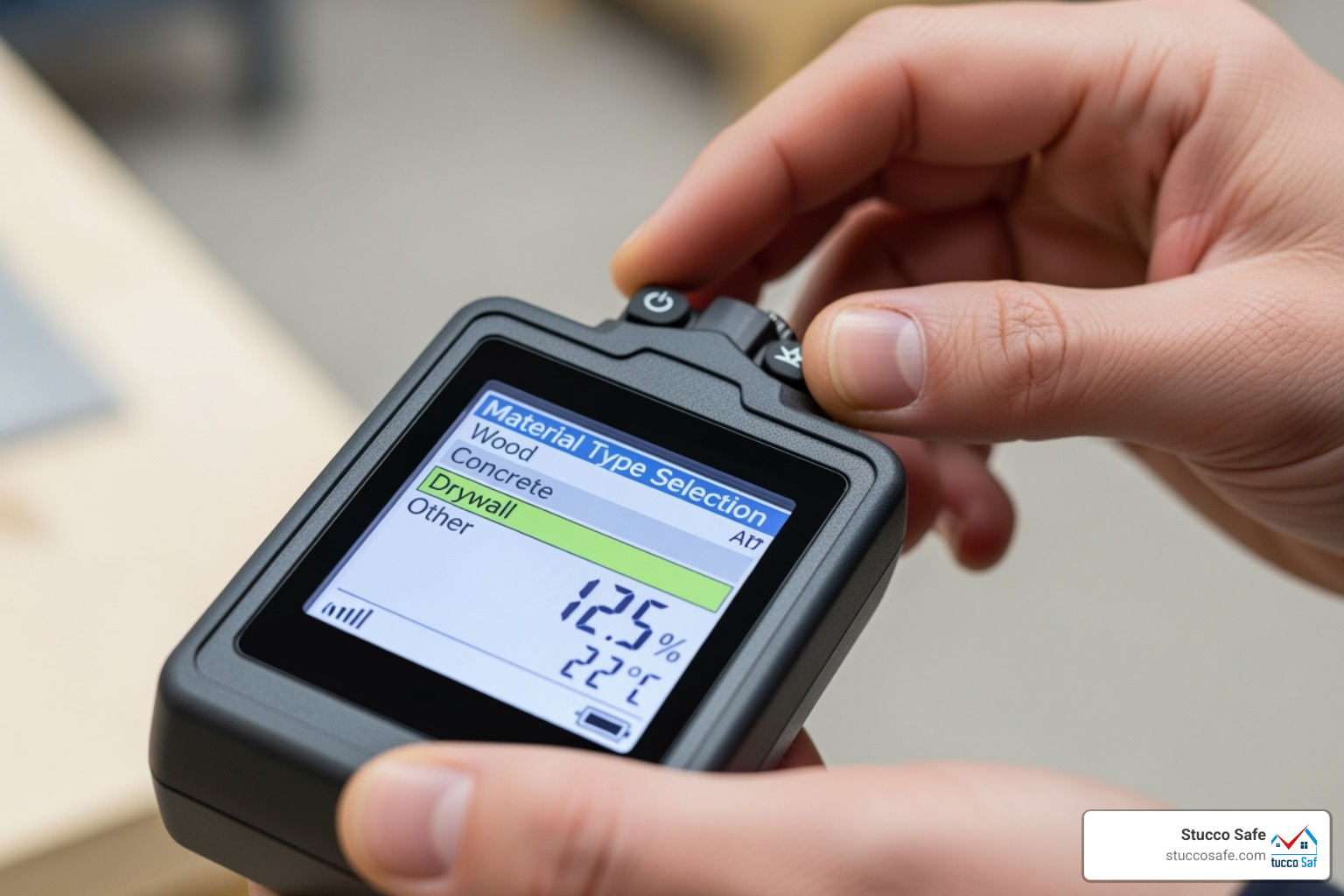 person selecting the correct material setting on a digital moisture meter - moisture measurement
