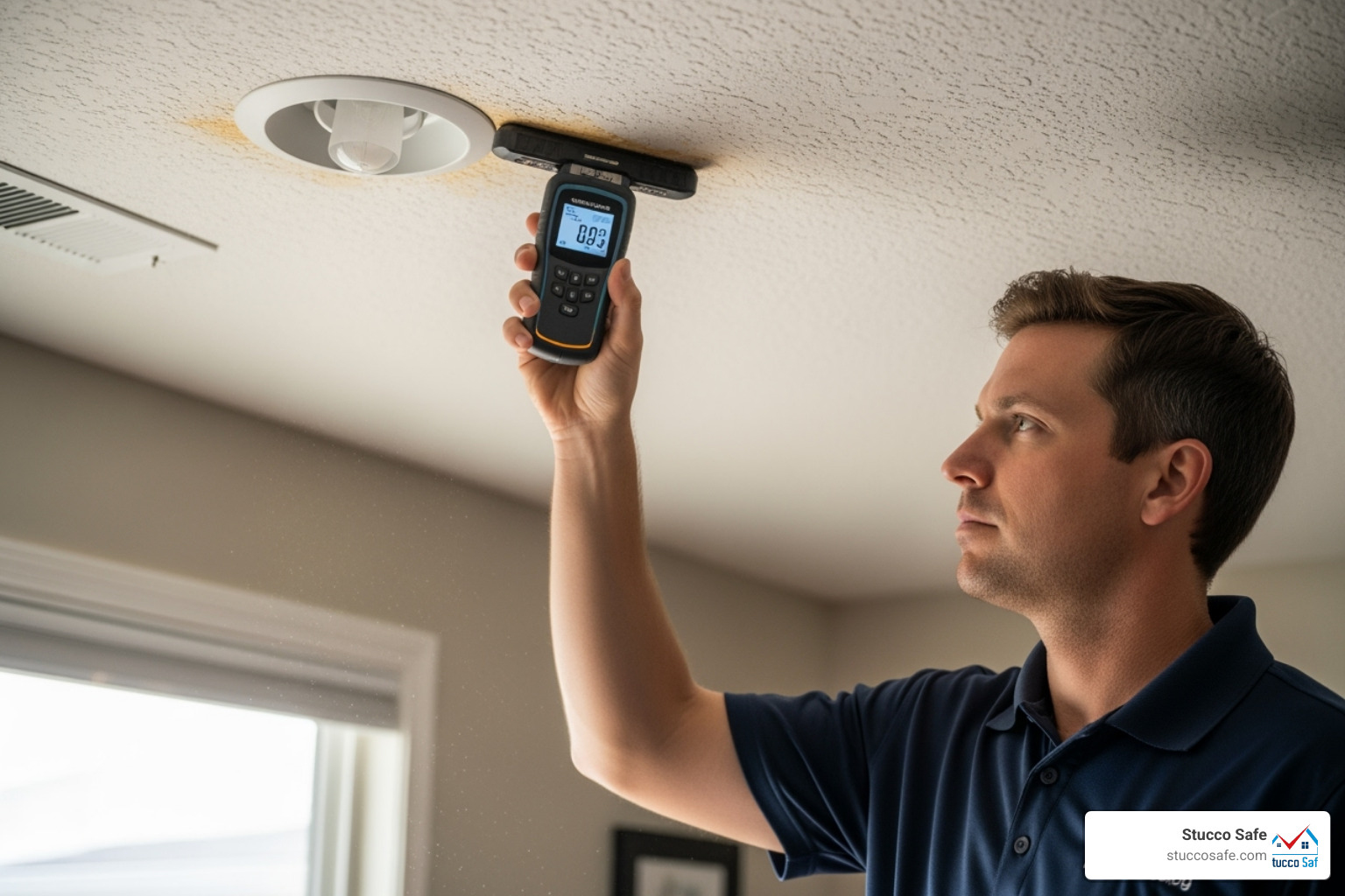 home inspector using a pinless meter to scan a ceiling for leaks - moisture measurement