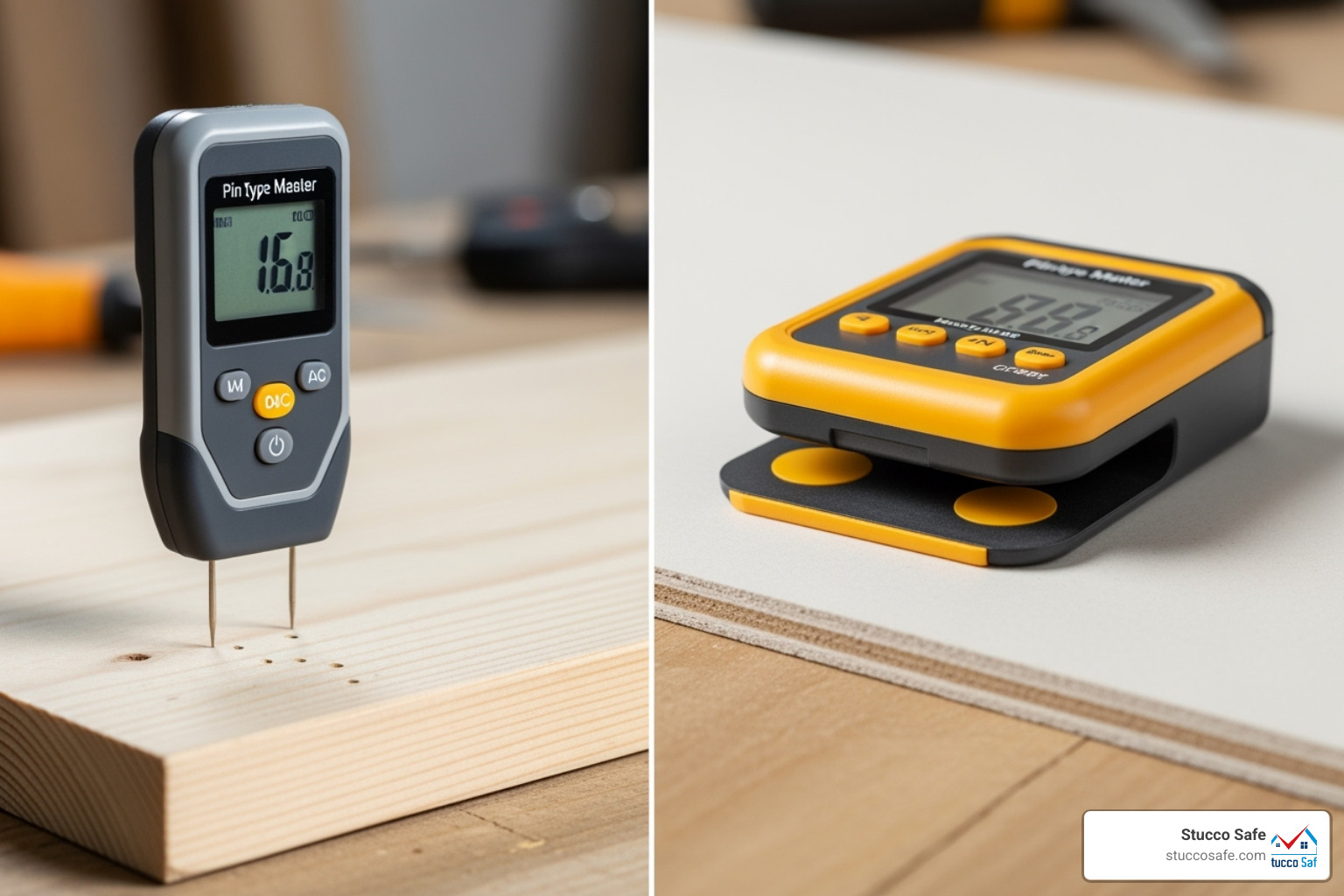 side-by-side comparison of a pin-type and a pinless moisture meter - moisture measurement