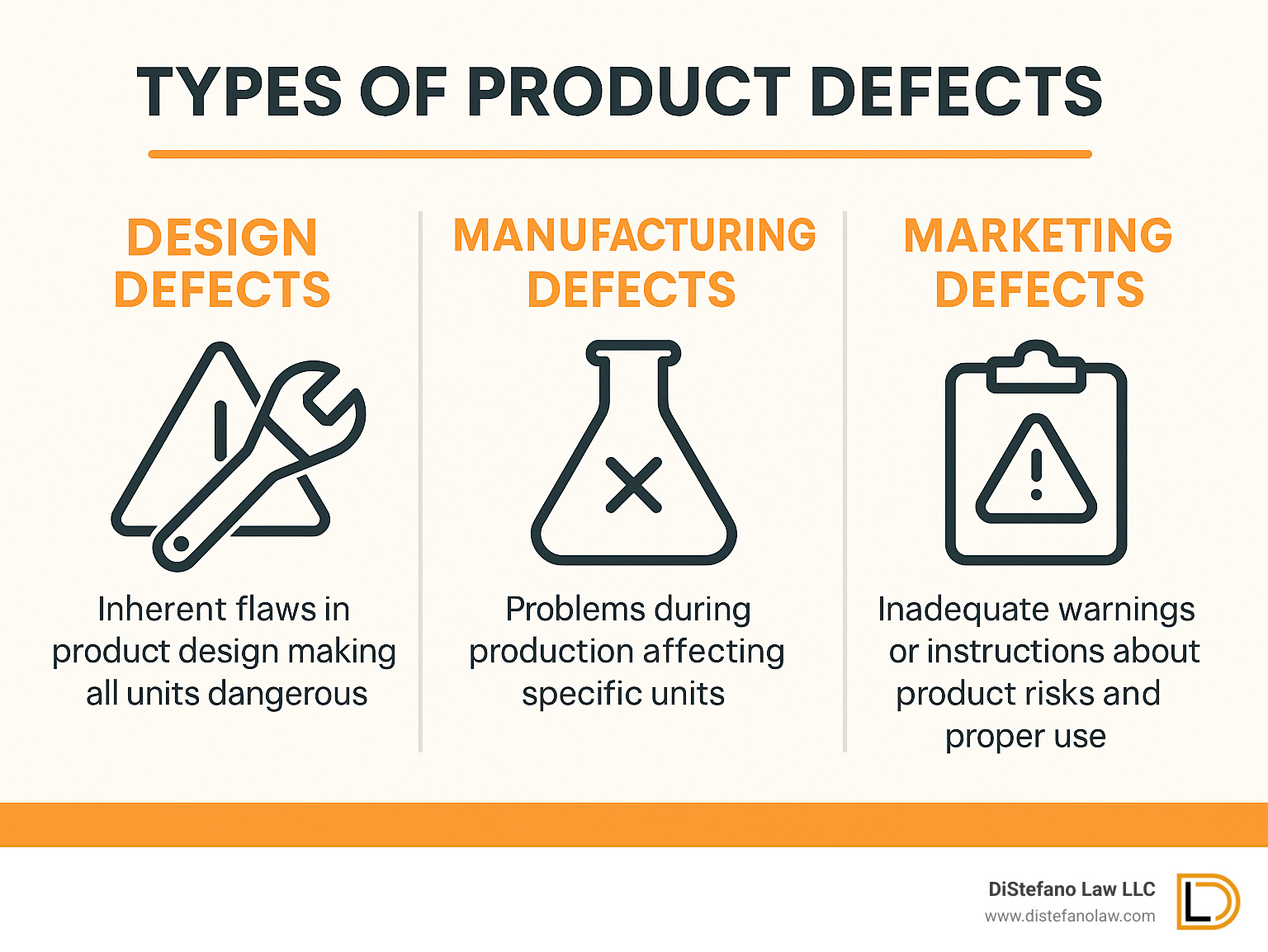 Infographic showing three types of product defects: Design Defects (inherent flaws in product design making all units dangerous), Manufacturing Defects (problems during production affecting specific units), and Marketing Defects (inadequate warnings or instructions about product risks and proper use) - fort lauderdale product liability attorney infographic 