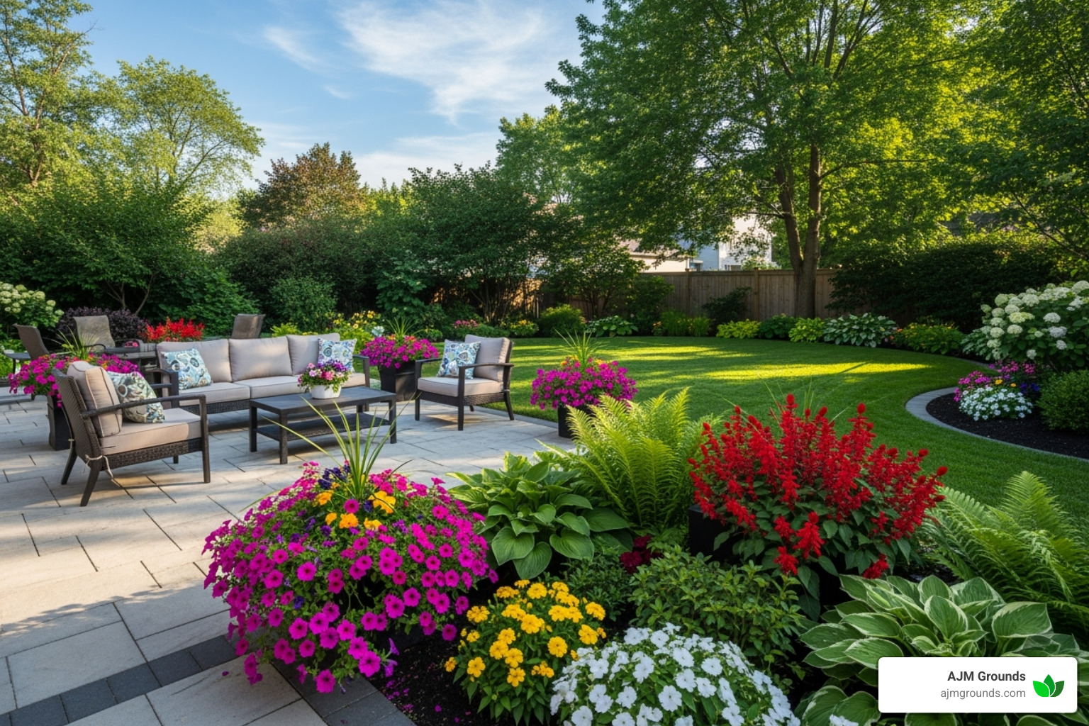 a beautiful, thriving residential landscape with a clean patio and garden beds - general garden maintenance a beautiful, thriving residential landscape with a clean patio and garden beds - general garden maintenance
