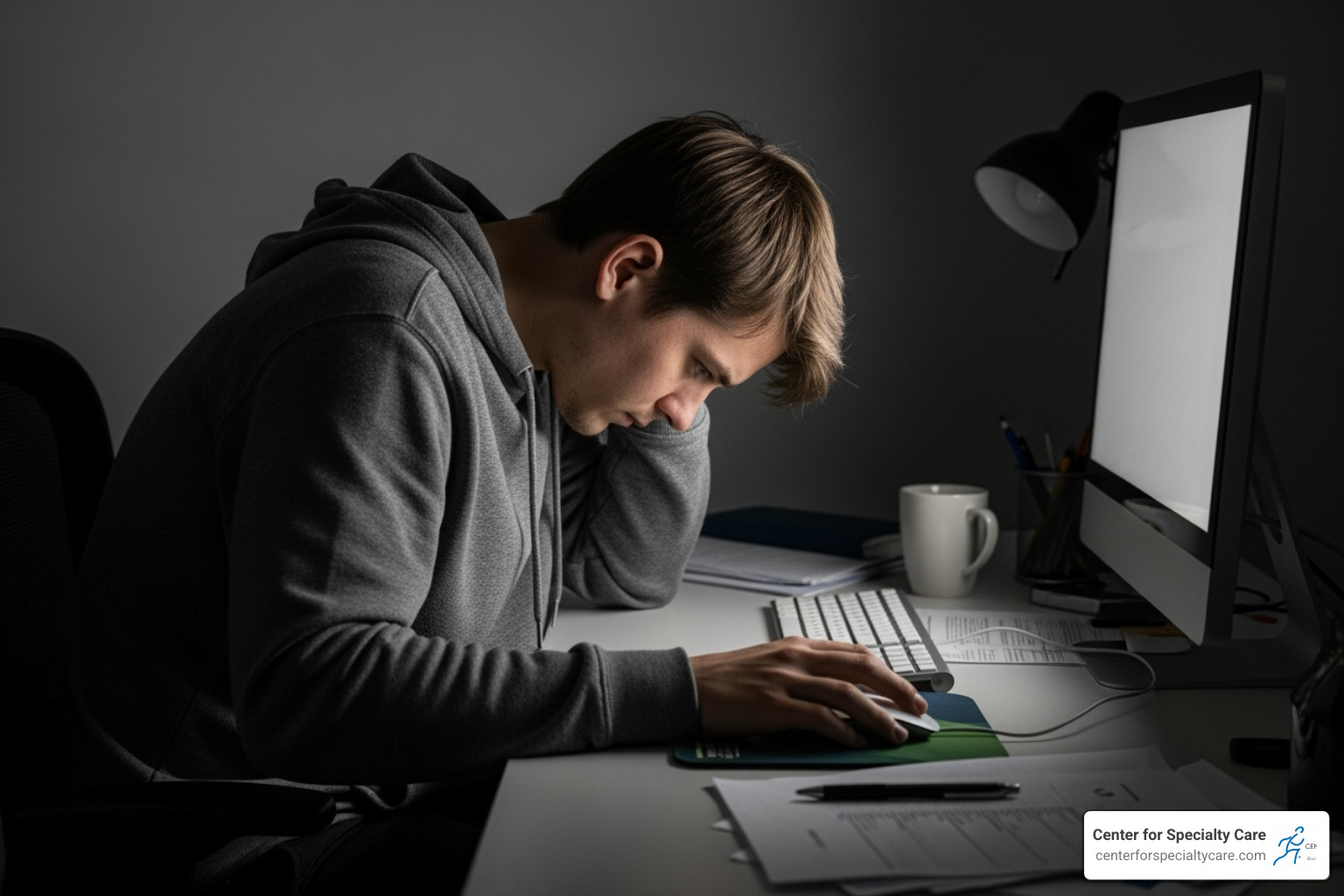 a person with poor posture at a desk - knot in shoulder blade causing neck pain