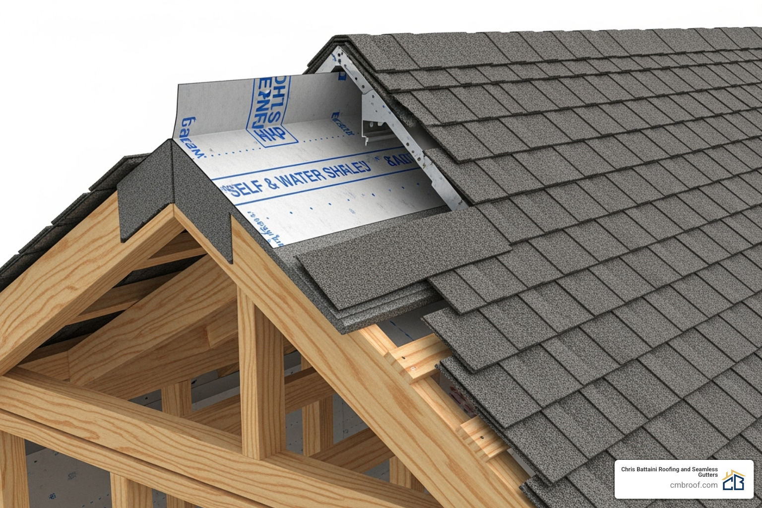 cutaway view of a complete roofing system showing all layers and components - residential asphalt shingle roofing