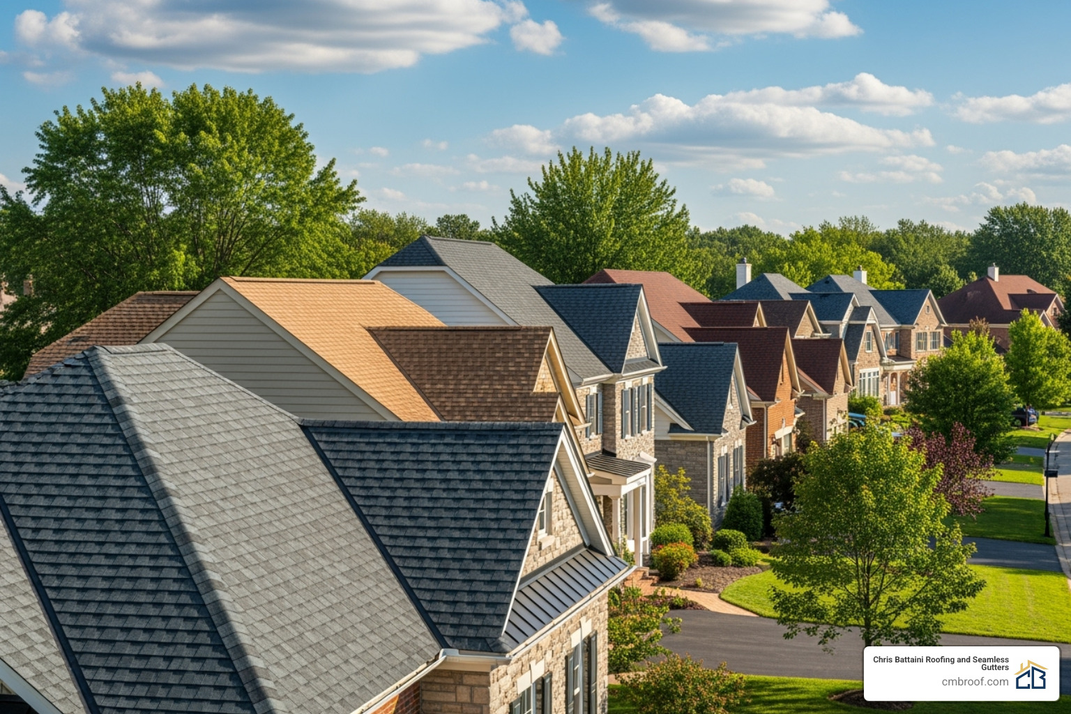 various shingle colors and styles on different homes to show aesthetic variety - residential asphalt shingle roofing