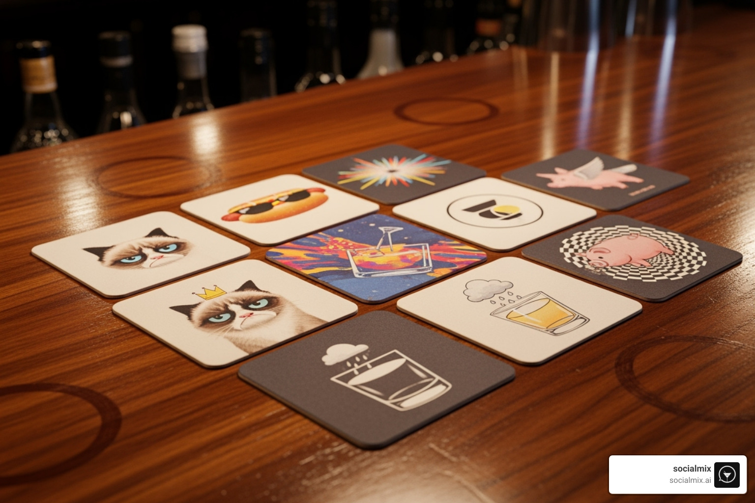 collection of coasters with different humor styles like puns and sarcastic quotes arranged on a bar top - funny bar coasters