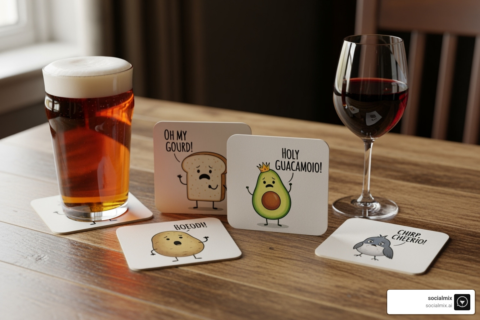 set of pun-based coasters next to a beer and a wine glass - funny bar coasters