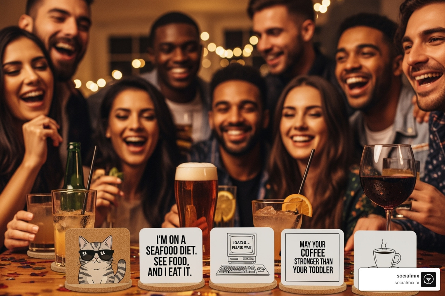 friends laughing together at a party, with drinks on funny coasters in the foreground - funny bar coasters