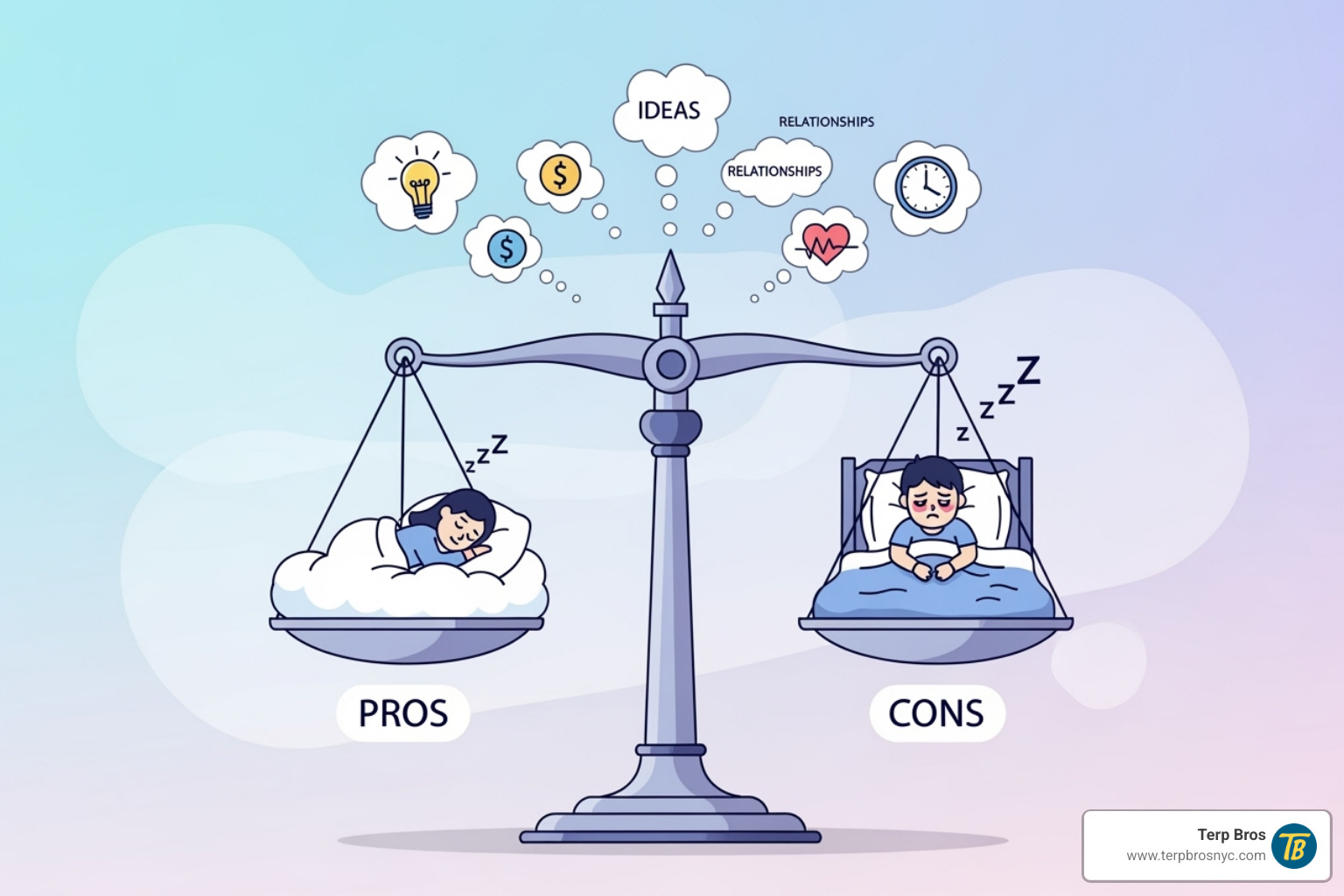 Illustration of person weighing pros and cons of edibles for sleep. - edible sleep