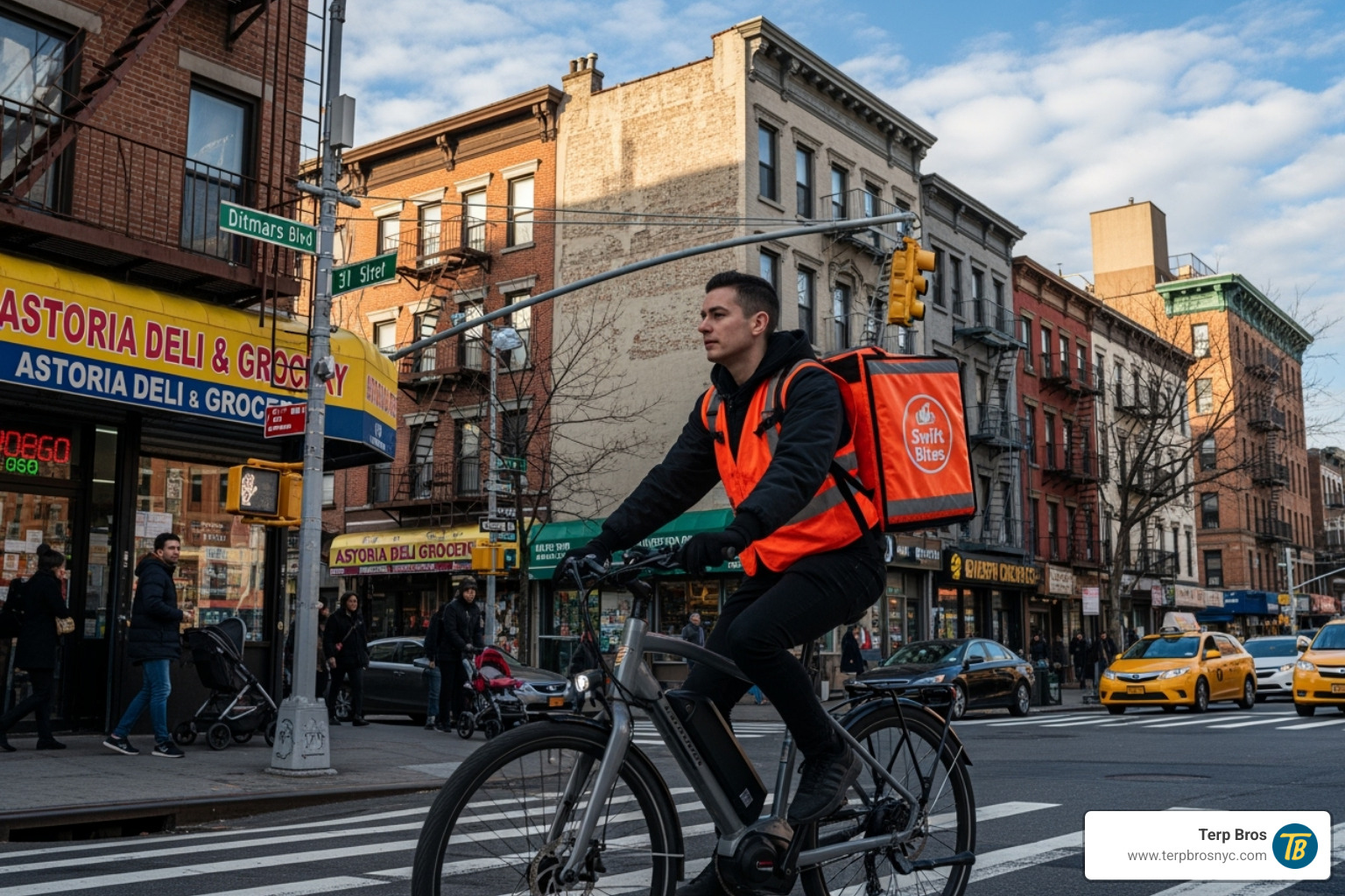 Terp Bros delivery driver on an e-bike in Astoria, Queens - edible sleep