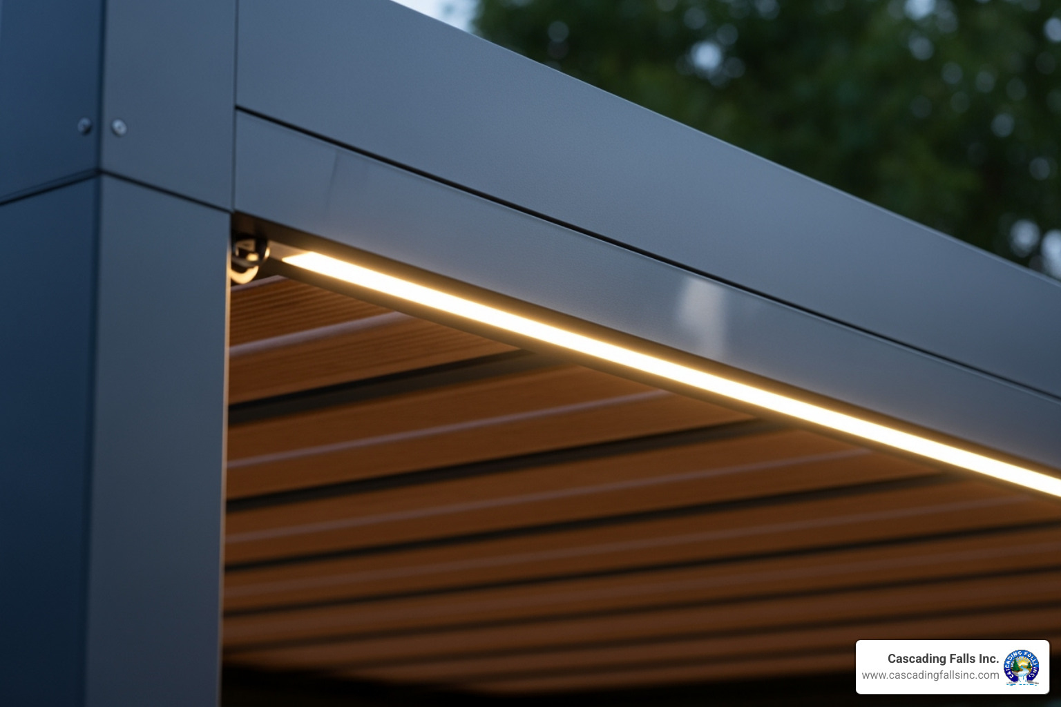 close-up on an integrated LED light in a pergola frame - pergolas with lights