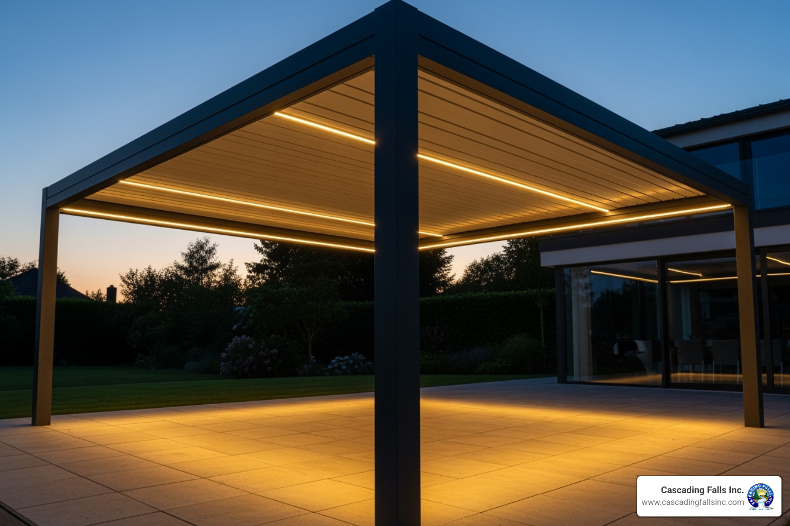 modern aluminum pergola with integrated LED strip lighting - pergolas with lights
