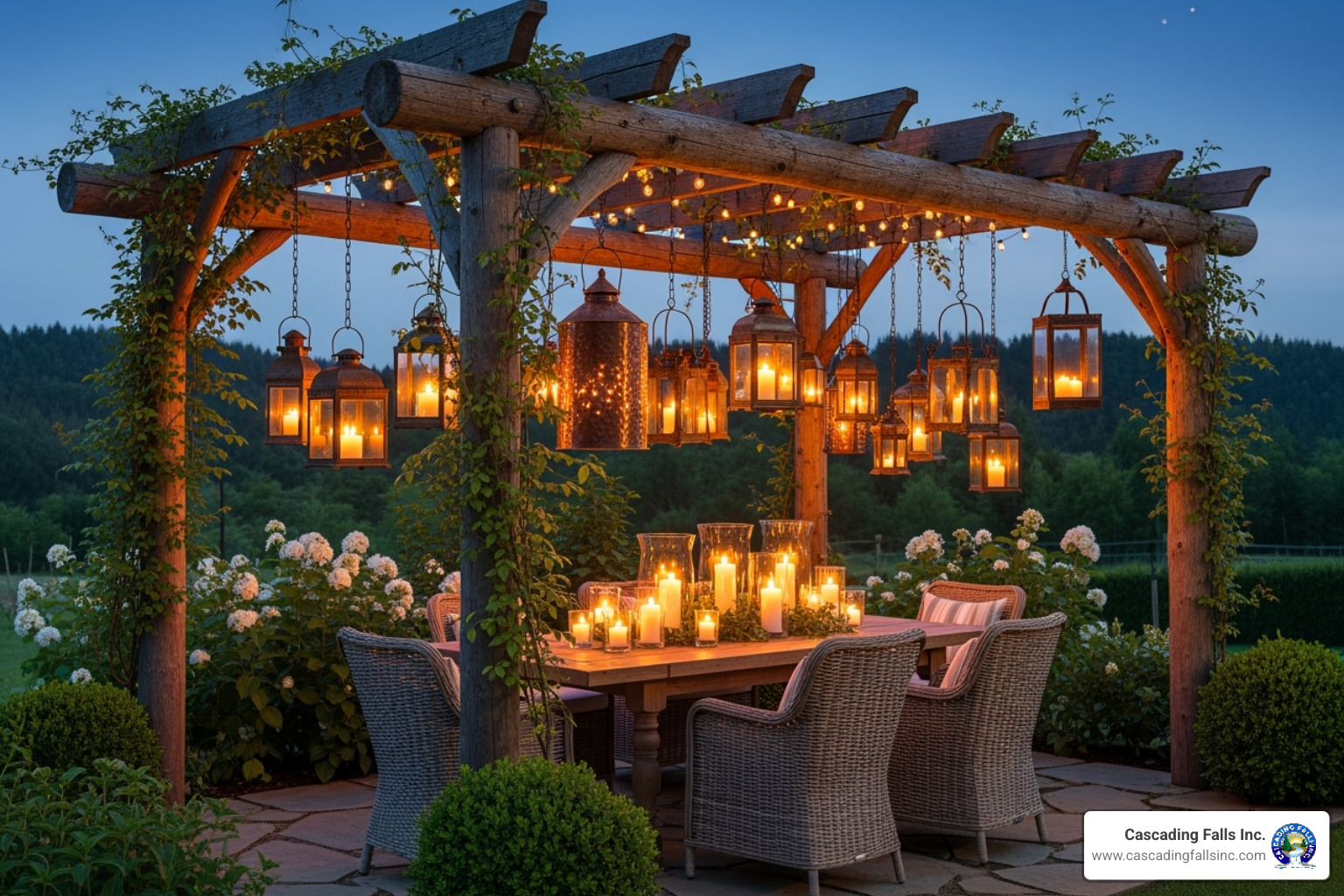 rustic wooden pergola with hanging lanterns and candles on a table - pergolas with lights