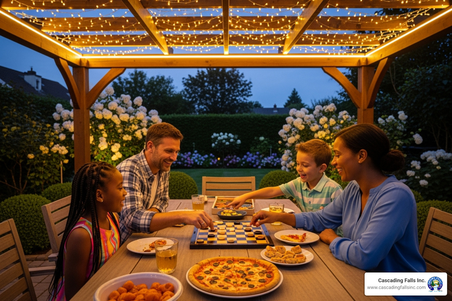 family enjoying their illuminated pergola in the evening - pergolas with lights