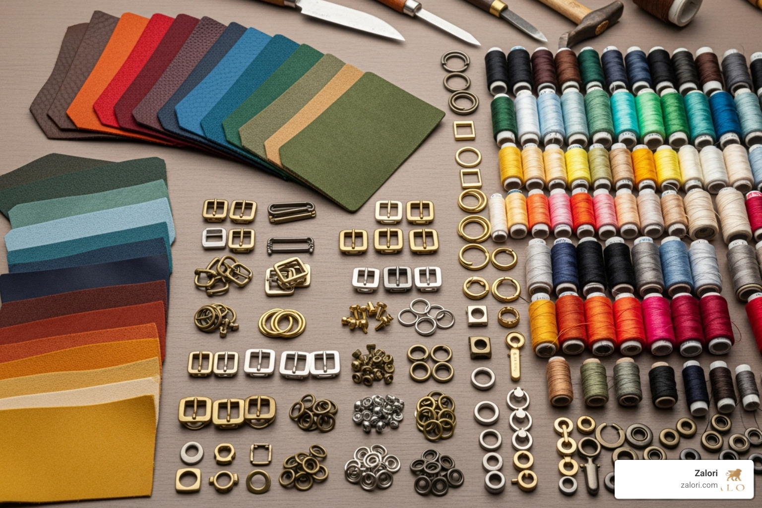 a vibrant array of leather swatches, thread spools, and metal hardware options - Bespoke leather goods a vibrant array of leather swatches, thread spools, and metal hardware options - Bespoke leather goods